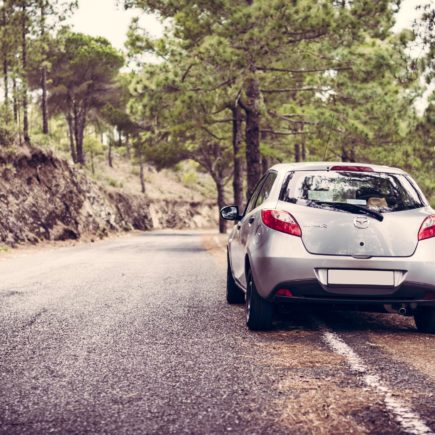 A grey car parked on the right-hand side of a country road as the driver stops to make their journey more fun